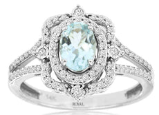 1.01CT DIAMOND & AAA AQUAMARINE 14KT WHITE GOLD OVAL & ROUND FILIGREE CROWN RING