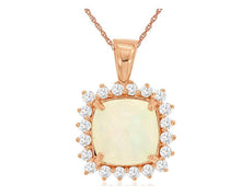 3.05CT DIAMOND & AAA OPAL 14KT ROSE GOLD 3D CUSHION HALO FLOWER FLOATING PENDANT
