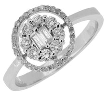 .50CT DIAMOND 14KT WHITE GOLD ROUND & BAGUETTE CUT FLOWER HALO FRIENDSHIP RING