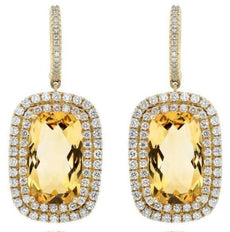 19.40CT DIAMOND & AAA CITRINE 14KT YELLOW GOLD 3D CUSHION HALO HANGING EARRINGS