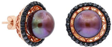 .10CT BLACK DIAMOND & TAHITIAN PEARL 14K ROSE GOLD FILIGREE FLORAL STUD EARRINGS