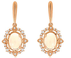 1.16CT DIAMOND & AAA OPAL 14K ROSE GOLD 3D OVAL & ROUND FILIGREE FLOWER EARRINGS