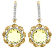 14.62CT DIAMOND & AAA LEMON QUARTZ 14KT 2 TONE GOLD LEVERBACK HANGING EARRINGS