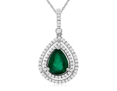 1.40CT DIAMOND & AAA EMERALD 14KT WHITE GOLD ROUND & PEAR SHAPE FLOATING PENDANT
