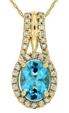 1.74CT DIAMOND & AAA BLUE TOPAZ 14KT YELLOW GOLD OVAL HALO FUN FLOATING PENDANT
