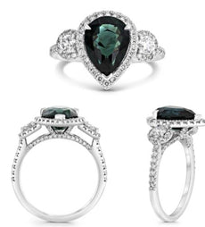 4.37CT DIAMOND & AAA GREEN SAPPHIRE PLATINUM PEAR SHAPE & ROUND ENGAGEMENT RING
