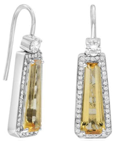 3.79CT DIAMOND & AAA CITRINE 14KT WHITE GOLD 3D EMERALD CUT FUN HANGING EARRINGS