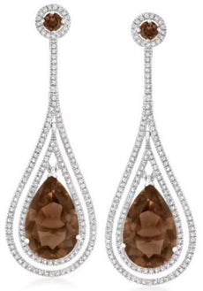 LARGE 7.64CT DIAMOND & AAA SMOKY TOPAZ 14KT WHITE GOLD DOUBLE TEAR DROP EARRINGS
