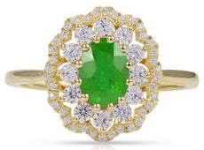 1.10CT DIAMOND & AAA EMERALD 14K YELLOW GOLD OVAL & ROUND FLOWER ENGAGEMENT RING