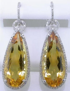 20.35CT DIAMOND & AAA CITRINE 14K WHITE GOLD 3D PEAR SHAPE & ROUND HALO EARRINGS