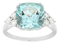 3.95CT DIAMOND & AAA AQUAMARINE 14KT WHITE GOLD CUSHION & ROUND ENGAGEMENT RING