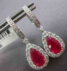 LARGE 5.46CT DIAMOND AAA RUBY 14KT WHITE GOLD PEAR SHAPE HUGGIE HANGING EARRINGS