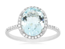 2.14CT DIAMOND & AAA AQUAMARINE 14K WHITE GOLD OVAL & ROUND HALO ENGAGEMENT RING