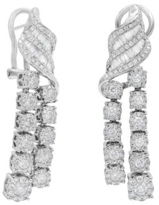 2.55CT DIAMOND 18K WHITE GOLD ROUND & BAGUETTE 2 ROW GRADUATING HANGING EARRINGS