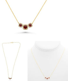 .73CT DIAMOND & AAA RUBY 14KT YELLOW GOLD 3D ROUND PAST PRESENT FUTURE NECKLACE