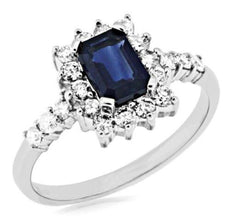 1.60CT DIAMOND & AAA SAPPHIRE 14K WHITE GOLD EMERALD CUT & ROUND ENGAGEMENT RING