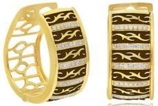 WIDE .33CT DIAMOND & BROWN ENAMEL 18K YELLOW GOLD OPEN FILIGREE HANGING EARRINGS