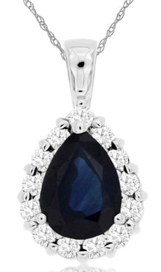 1.75CT DIAMOND & AAA SAPPHIRE 14K WHITE GOLD PEAR SHAPE & ROUND FLOATING PENDANT