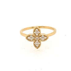 ESTATE .15CT DIAMOND 18KT YELLOW GOLD 3D MULTI LEAF FILIGREE FLOWER LOVE RING