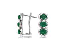 2.5CT DIAMOND & AAA EMERALD 14K WHITE GOLD OVAL 3 STONE CLIP ON HANGING EARRINGS