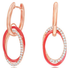 .23CT DIAMOND & RED ENAMEL 14KT ROSE GOLD 3D OVAL LOVE KNOT FUN HUGGIE EARRINGS