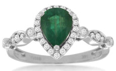 1.35CT DIAMOND & AAA EMERALD 14KT WHITE GOLD 3D PEAR SHAPE HALO ENGAGEMENT RING