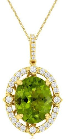 5.23CT DIAMOND & AAA PERIDOT 14KT YELLOW GOLD OVAL & ROUND HALO FLOATING PENDANT