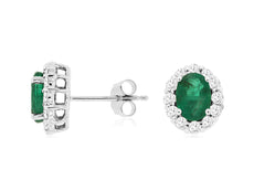 2.0CT DIAMOND & AAA EMERALD 14KT WHITE GOLD 3D OVAL & ROUND FLOWER STUD EARRINGS