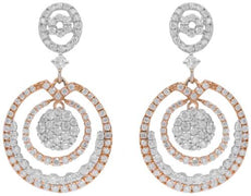 1.90CT DIAMOND 14KT WHITE & ROSE GOLD 3D MULTI CIRCULAR CLUSTER HANGING EARRINGS