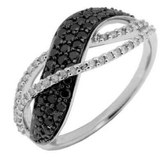 .59CT WHITE & BLACK DIAMOND 14KT WHITE GOLD MULTI ROW CRISS CROSS INFINITY RING