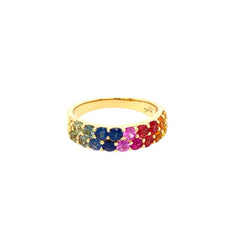 1.60CT AAA MULTI COLOR SAPPHIRE 18KT YELLOW GOLD 2 ROW WEDDING ANNIVERSARY RING