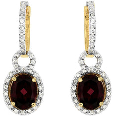 3.28CT DIAMOND & AAA RHODOLITE 14KT 2 TONE GOLD 3D OVAL & ROUND HANGING EARRINGS