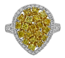 1.55CT WHITE & FANCY YELLOW DIAMOND 18KT 2 TONE GOLD CLUSTER PEAR SHAPE FUN RING