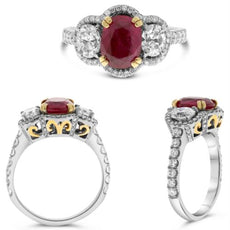 3.51CT DIAMOND & AAA RUBY 18KT 2 TONE GOLD OVAL & ROUND 3 STONE ENGAGEMENT RING