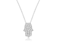 ESTATE .13CT DIAMOND 14KT WHITE GOLD 3D CLASSIC HAMSA CHAMSA LUCKY NECKLACE