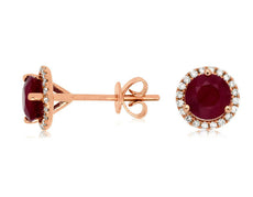 1.66CT DIAMOND & AAA RUBY 14K ROSE GOLD CLASSIC ROUND HALO MARTINI STUD EARRINGS