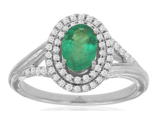 .95CT DIAMOND & AAA EMERALD 14KT WHITE GOLD 3D OVAL & ROUND DOUBLE HALO FUN RING