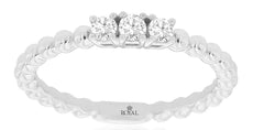 ESTATE .16CT DIAMOND 14KT WHITE GOLD 3D CLASSIC 3 STONE ROUND BEADED LOVE RING