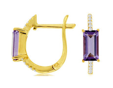 1.08CT DIAMOND & AAA AMETHYST 14KT YELLOW GOLD 3D EMERALD CUT HANGING EARRINGS