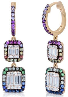 1.47CT DIAMOND & AAA MULTI COLOR SAPPHIRE 14K YELLOW GOLD DOUBLE SQUARE EARRINGS