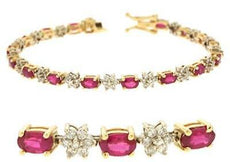 6.45CT DIAMOND & AAA RUBY 14KT YELLOW GOLD OVAL & ROUND FLOWER TENNIS BRACELET
