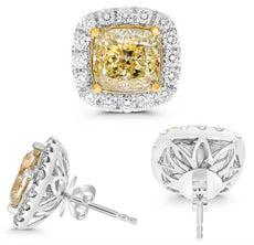 5.75CT WHITE & FANCY YELLOW DIAMOND 18KT TWO TONE GOLD CUSHION & ROUND EARRINGS