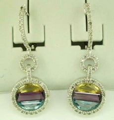 3.3CT DIAMOND & AAA MULTI COLOR CITRINE 14K WHITE GOLD CIRCULAR HANGING EARRINGS