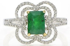 1.65CT DIAMOND & EMERALD 18K 2 TONE GOLD 3D SQUARE 4 LEAF CLOVER ENGAGEMENT RING
