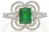 1.65CT DIAMOND & EMERALD 18K 2 TONE GOLD 3D SQUARE 4 LEAF CLOVER ENGAGEMENT RING