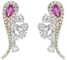 1.24CT DIAMOND & AAA PINK SAPPHIRE 14KT 2 TONE GOLD FLORAL FUN HANGING EARRINGS