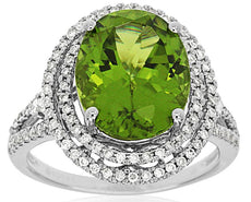 WIDE 5.39CT DIAMOND & AAA PERIDOT 14KT WHITE GOLD OVAL & ROUND ENGAGEMENT RING