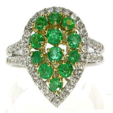 1.72CT DIAMOND & AAA EMERALD 18KT 2 TONE GOLD ROUND CLUSTER PEAR SHAPE FUN RING