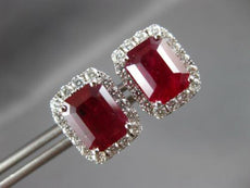 LARGE 6.11CT DIAMOND & AAA RUBY 14KT WHITE GOLD EMERALD CUT HALO STUD EARRINGS