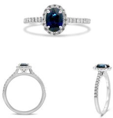 1.27CT DIAMOND & AAA SAPPHIRE 14KT WHITE GOLD OVAL & ROUND HALO ENGAGEMENT RING